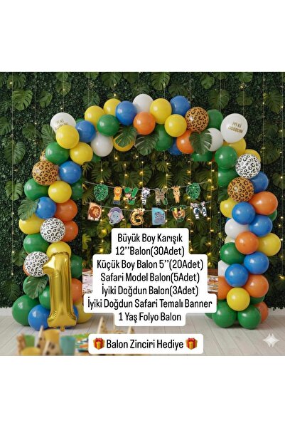 Acar Süs Safari Temalı Doğum Günü Seti,İyiki Doğdun Banner,Balon Zinciri Seti...