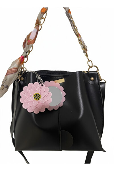 Livenda Shop Black with Scarf, Handbag and Shoulder Bag, Chain Accessories, Floral Mirror Keychain as a Gift
