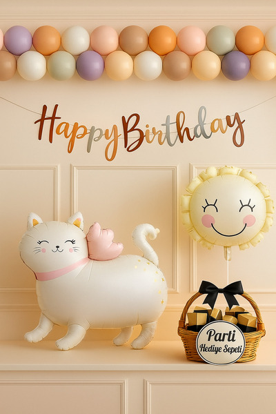 parti hediye sepeti Pastel Kedi & Güneş Balon Seti | Happy Birthday Doğum Gün...