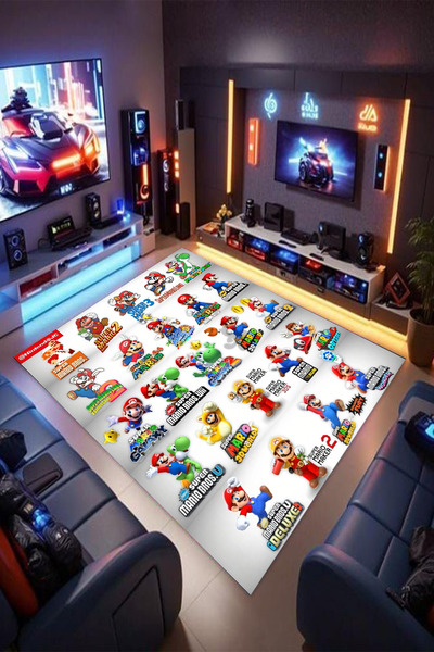 Reyhani Super Mario Desenli Kaymaz Taban Makinede Yıkanabilir Gamıng Salon Ha...