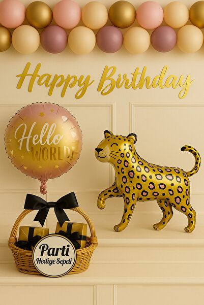 parti hediye sepeti Leopar & Hello World Balon Seti | Gold Safari Doğum Günü ...