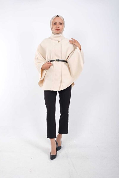 moda caddesi Mock Neck Kaşe Poncho with Belt Detail