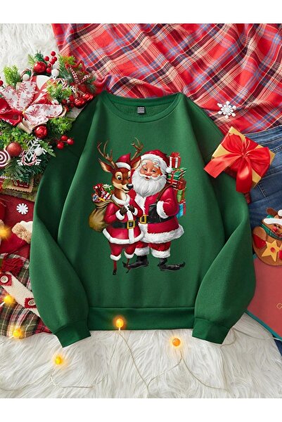 OVER HEAD Moș Crăciun cu cerb pentru femei cu imprimeu guler rotund Swea tricou