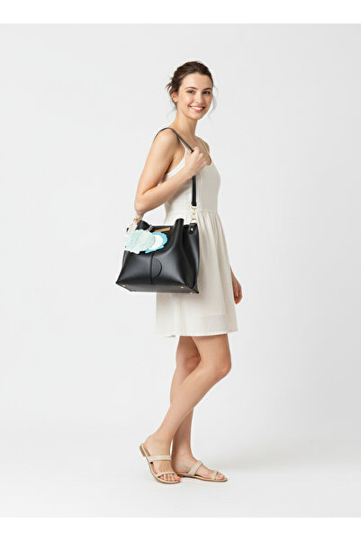 Livenda Shop Black Handbag and Shoulder Bag with Scarf, Chain Strap, Seashell Figured Mirrored Keychain Gift