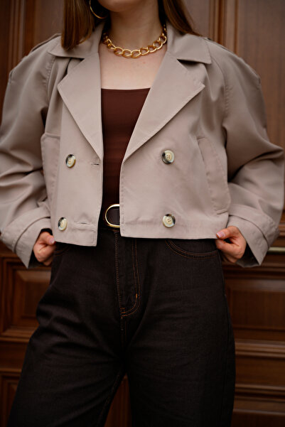 ASEDE Trendy Trench Short Jacket with Shoulder Sleeve Detail, Double-Breasted Collar and Button Closure