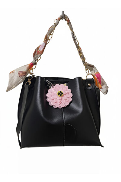Livenda Shop Black with Scarf, Handbag and Shoulder Bag, Chain Accessories, Floral Mirror Keychain as a Gift