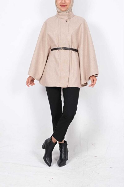 moda caddesi Mock Neck Kaşe Poncho with Belt Detail