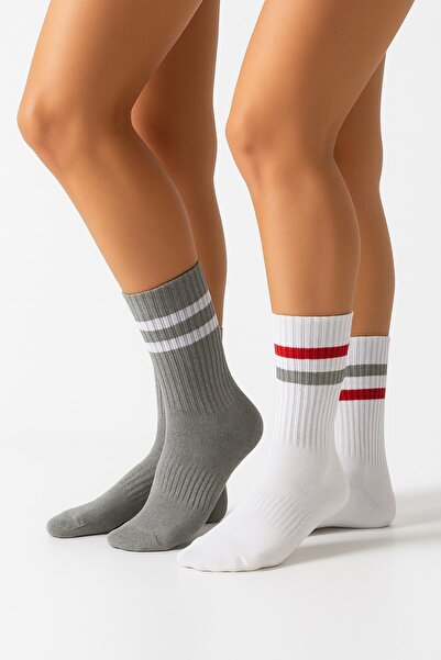 Plus Scorpion Γυναικείες κάλτσες τένις 2 τεμαχίων – Αθλητικές κάλτσες με γκρι & λευκές ρίγες – Βαμβακερές που αναπνέουν