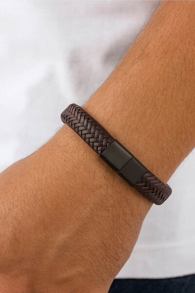 TREND COLLECTİON Erkek Kahverengi Örgü Deri Bileklik – Mat Siyah Çelik Klipsl...