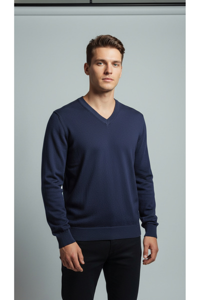 Digz fashion 100% Cotton Navy Blue Plain V-Neck Knit Sweater