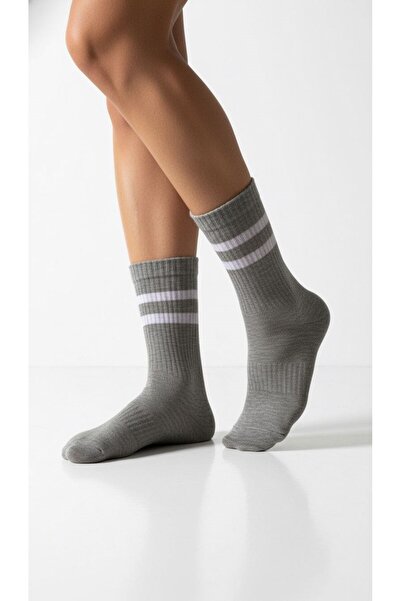 Plus Scorpion Γυναικείες κάλτσες τένις 2 τεμαχίων – Αθλητικές κάλτσες με γκρι και μαύρες ρίγες – Βαμβακερές που αναπνέουν