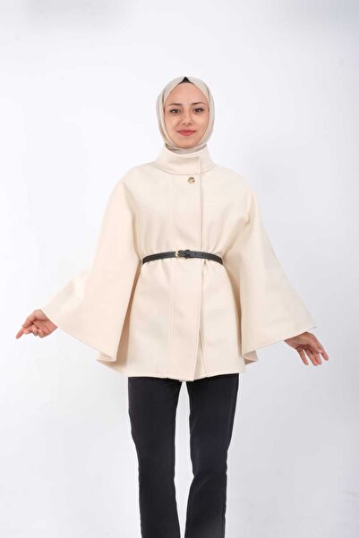 moda caddesi Mock Neck Kaşe Poncho with Belt Detail