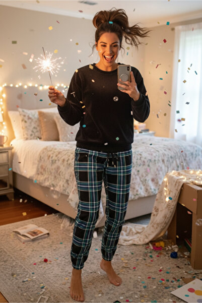 DOFİ Women's Winter Flannel Pajama Set – Top Flannel, Bottom Plaid, Long Sleeve, Pink / Navy Blue