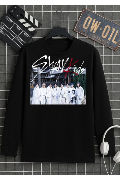 RYO FASHİON Tricou negru cu mânecă lungă Stray Kids SIGNAT, NO EASY B cu impr...