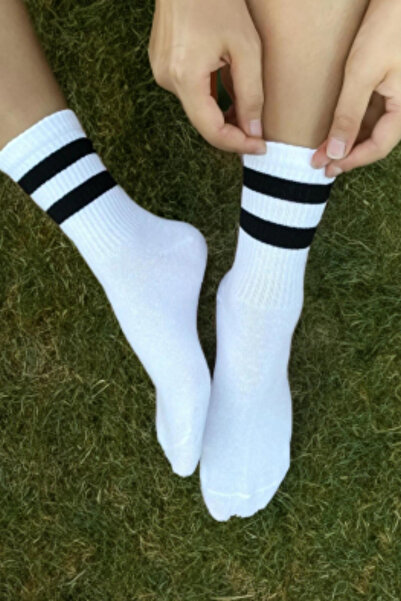 DİLRUBA AVM 5 Pairs College Socks Cotton F Corded Fabric White Black Striped Unisex - High Quality Socks Flexible