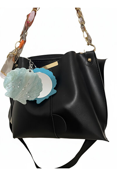 Livenda Shop Black Handbag and Shoulder Bag with Scarf, Chain Strap, Seashell Figured Mirrored Keychain Gift