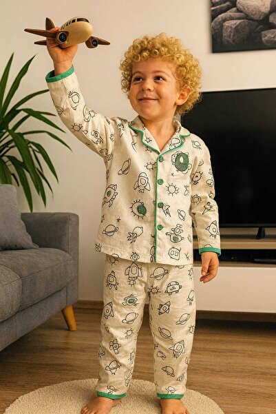 poli foni Boys' Rocket Printed Süzene Embroidered Pajama Set