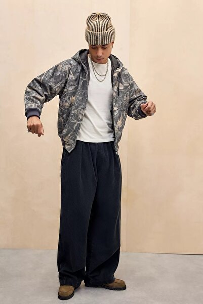 september island Seth Leaf Camouflage Pattern Zippered and Hooded Denim Short Coat