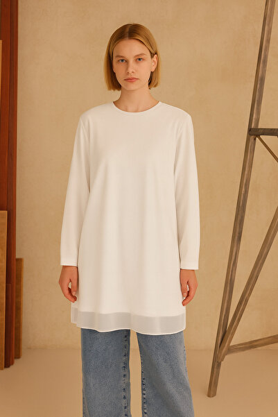 Nisa Luxury Boutique Front and Back Chiffon Detail Long Sleeve Combed Cotton Inner Tunic