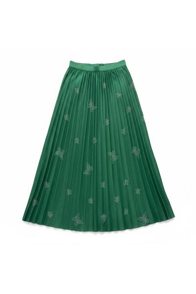 EREN STYLE Leather-Look Butterfly and Stone Detailed Pleated Cotton Woven Viscose 4 Season Skirt (95 cm)-(38-50)