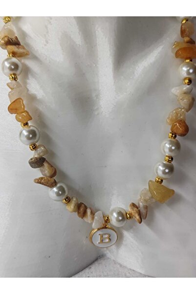 FOR YOU TAKI by Ezgi Natural Agate and Pearl Combined Letter Detail Necklace ...