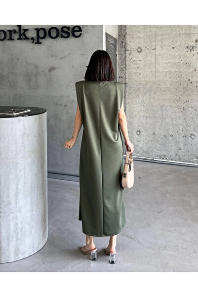 ZENGEZUR MALL Mtxdpn Shoulder Pad Piece Dress Khaki (00214) (Size: S)