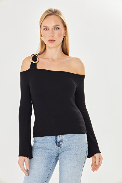 ParlaMira Women's Off-The-Shoulder Buckle Detailed Long Sleeve Blouse