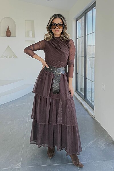 Eswomes Kat Kat Puantiyeli Uzun Etek Acı Kahve