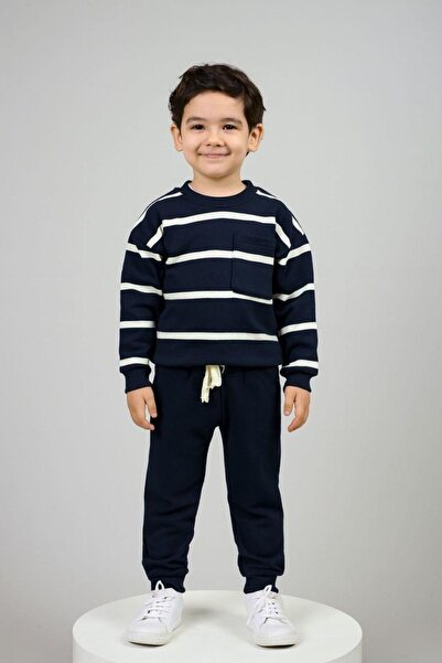 babymoon kids Crew Neck Long Sleeve Boys' Striped Sweatshirt and Sweatpants 2-Piece Set