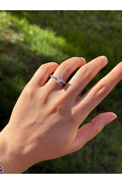 KARSU 925 Ayar Gümüş Pırlanta Montür Markiz Taşlı Yüzük