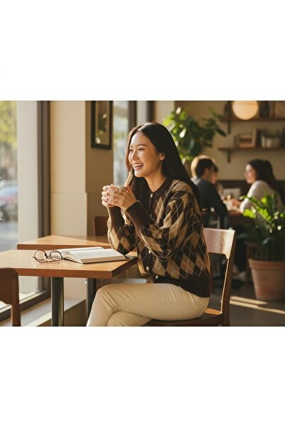 EREN STYLE Fleece-Lined Cotton Baklava Pattern Cardigan (Size 38-48)