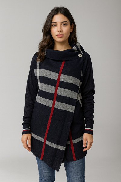 Sebir Moda Plaid Patterned Knitwear Acrylic Poncho