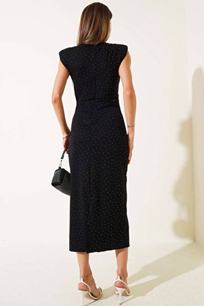 Varyete Stone Print Sleeveless Shoulder Pad Piece Slit Crepe Dress