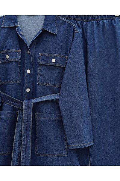 Modamorfo Beli Belted Pocketed Buttoned Front Denim Suit - Indigo