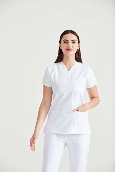 DEMOTEKS White Elastane Medical Suit, Women - Scrub Set Classic Flex