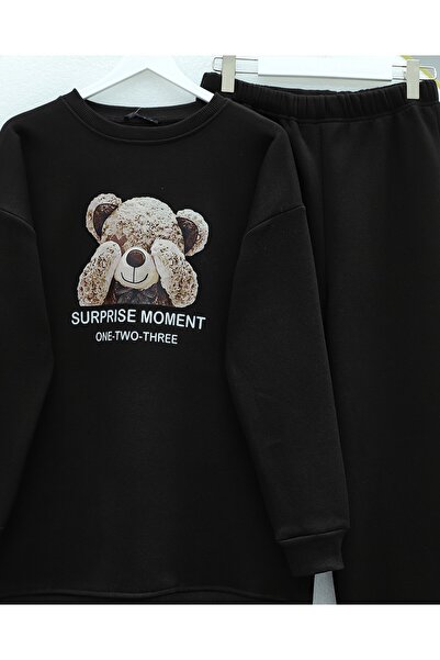 Modamorfo Teddy Bear Printed Fleece-Lined 3 Thread Sweat Set - Black