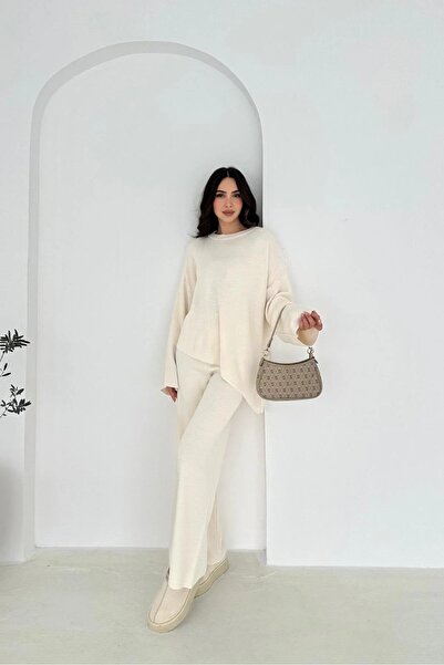 MAXXANA Asymmetrical Cut Oversize Sweater and Pants Double Knitwear Set
