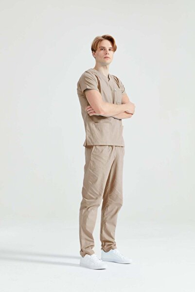 DEMOTEKS Beige Elastane Medical Suit, Men - Scrub Set Classic Flex