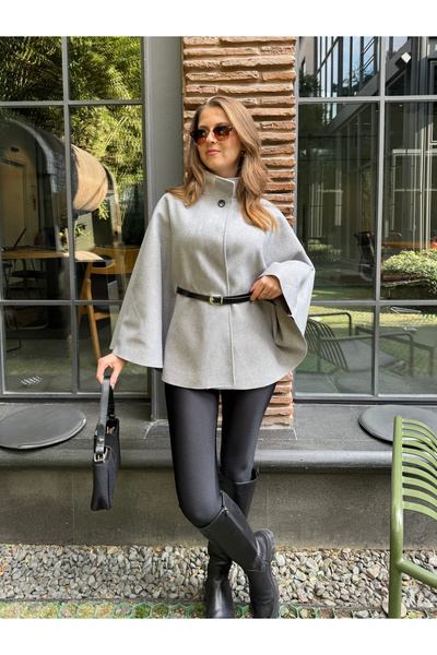 Lila Moda Belted Mock Neck Button Cashmere Cape Poncho