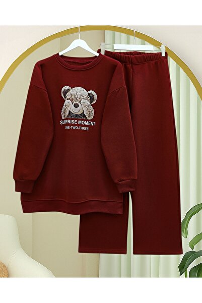 Modamorfo Teddy Bear Printed Fleece-Lined 3 Thread Sweat Set - Claret Red