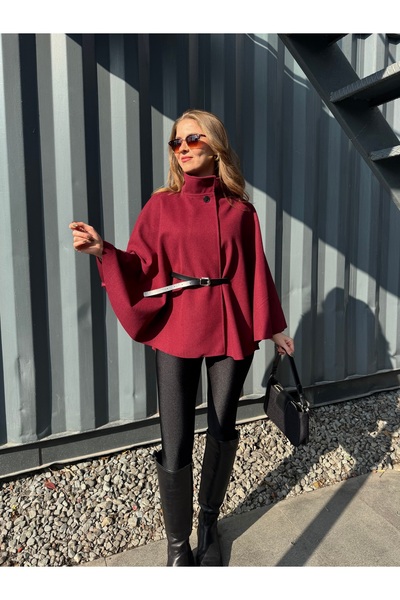 Lila Moda Belted Mock Neck Button Cashmere Cape Poncho