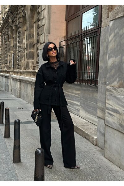 POP STORY Tied Denim Suit Oversized Jacket and High Waist Pants