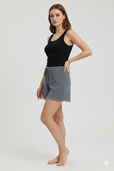 Royaleks Group Bambu Corded Fabric Women's Home Shorts Leg Lace Detailed Home Wear Gray