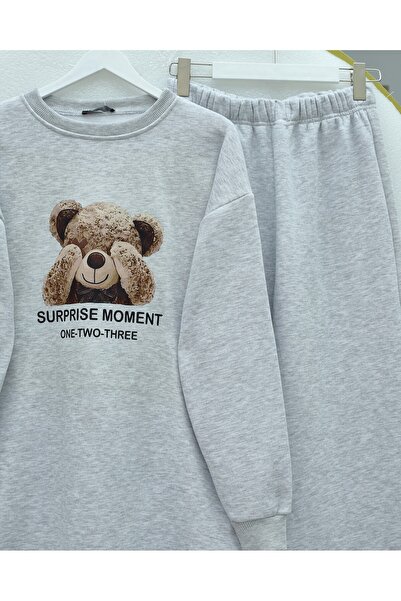 Modamorfo Teddy Bear Printed Fleece-Lined 3 Thread Sweat Set - Light Gray