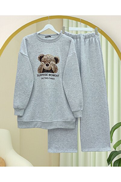 Modamorfo Teddy Bear Printed Fleece-Lined 3 Thread Sweat Set - Light Gray