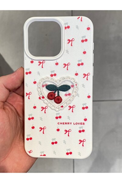 Mee.co iPhone 15 Pro Max Compatible Embroidered Cherry Pattern Case Cherry Figured Knitted Phone Case