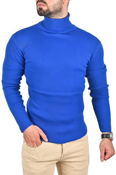 DeepSEA Men's Blue Slim F Corded Fabric Full Turtleneck Non-Pilling Knitwear Sweater 2505498