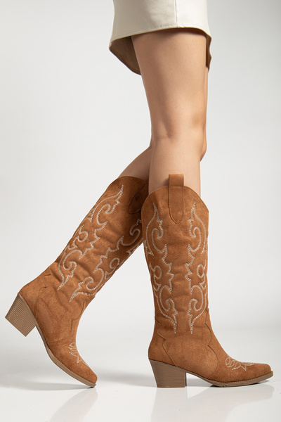 MS SUGAR SHOES Women's Closed Toe White Embroidered Detailed Long Stylish Cowboy Boots Tan