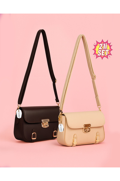 westbag Women's Lock Detailed Crossbody Hand and Shoulder Bag Small Size Bitter Brown - Beige Set of 2