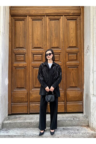 MİA NOURA Women's Front Sleeves with Bead Embroidery on Tansel Fabric Bambir Ceken